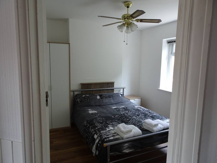 Double bed directly under the ceiling fan for this hot summer!
