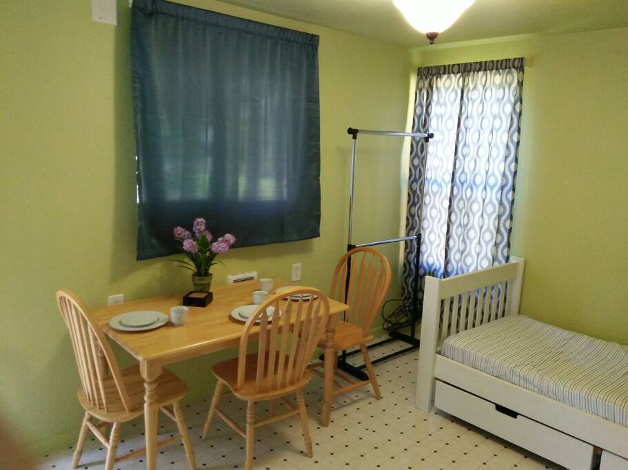 4' table can be used for dining, working, desk, etc. Heater is behind table.