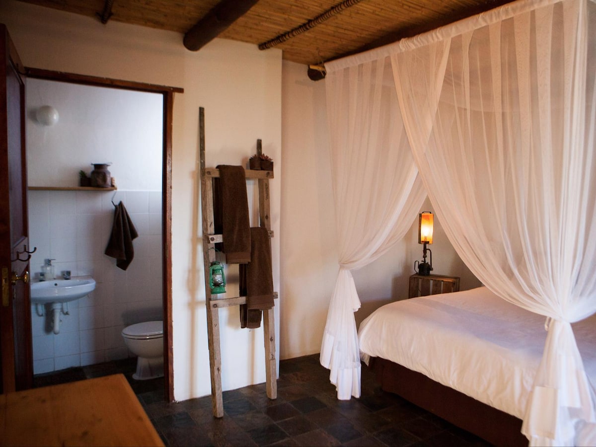 A four-poster Queen bed is draped with sheer curtains, creating a soft separation from the rest of the room. A simple wooden ladder holds towels nearby, while a warm lamp and a small sink area are visible, enhancing the functional layout.