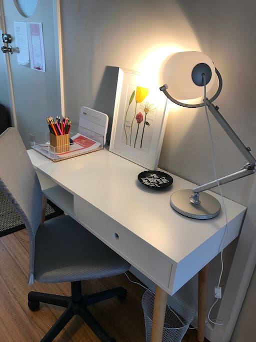 Work space. Desk, lamp & chair.