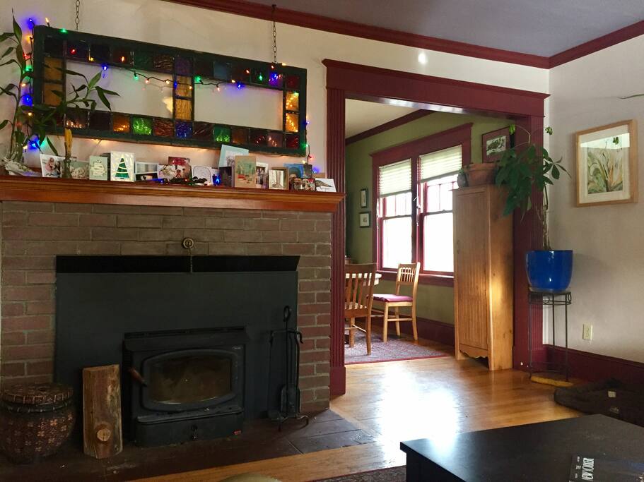 living room with wood stove