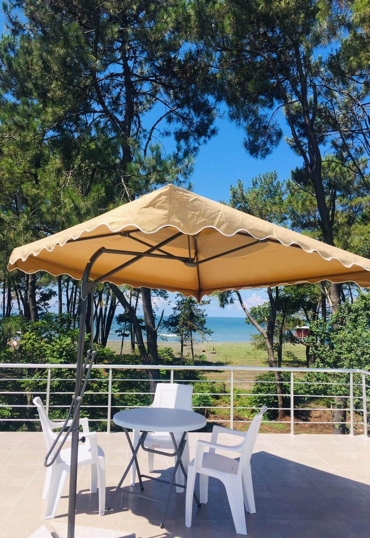 A shaded terrace is shown with a tan-colored awning over a small round table and two white chairs. The view includes lush greenery and the sea in the distance, framed by tall trees under a clear blue sky.