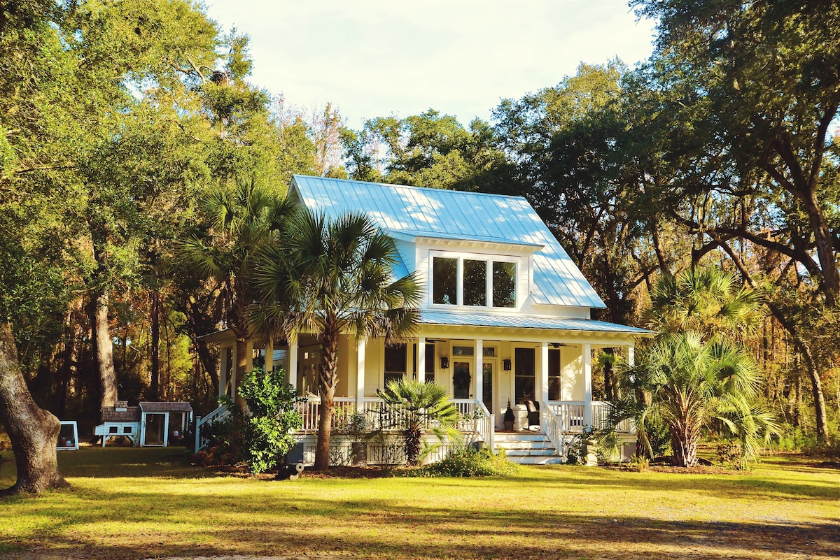 The charming cottage features a metal roof and a broad front porch surrounded by lush greenery. Palm trees and other foliage frame the exterior, which showcases large windows inviting natural light. Steps lead up to the porch, offering a welcoming entrance to the home.