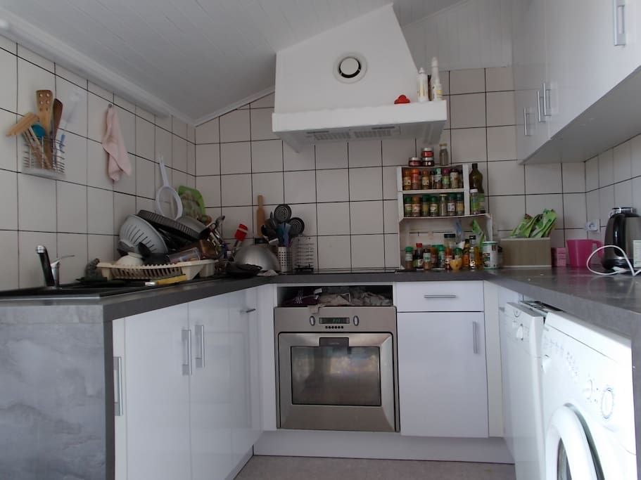 Cuisine avec plaque à induction, four, lave-vaisselle et lave-linge.