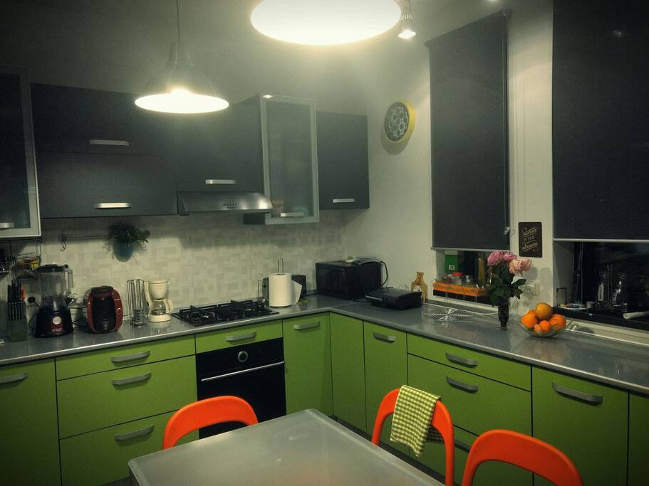 Big and fully equipped kitchen. Espresso maker, blender, sandwich maker, microwave oven, big fridge, full set dishware.