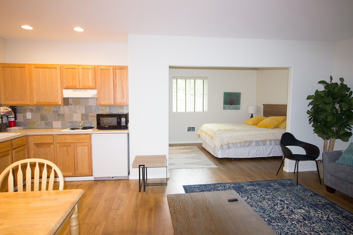 Спална соба број 3 со сопствена приватна бања, кујна и простор во дневната соба.