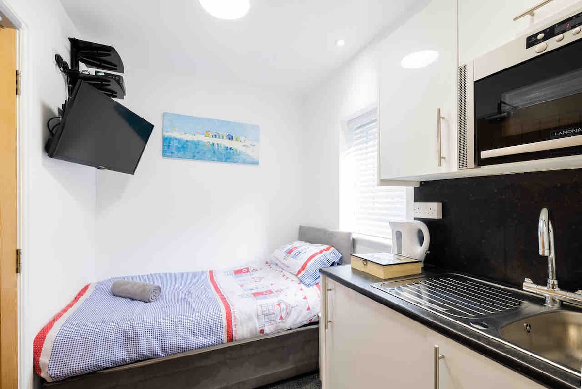 A compact studio space features a neatly made bed with a patterned duvet cover against a light wall. A flat-screen television is mounted on the wall opposite the bed. A small kitchenette with modern appliances is visible, accompanied by a window allowing natural light.