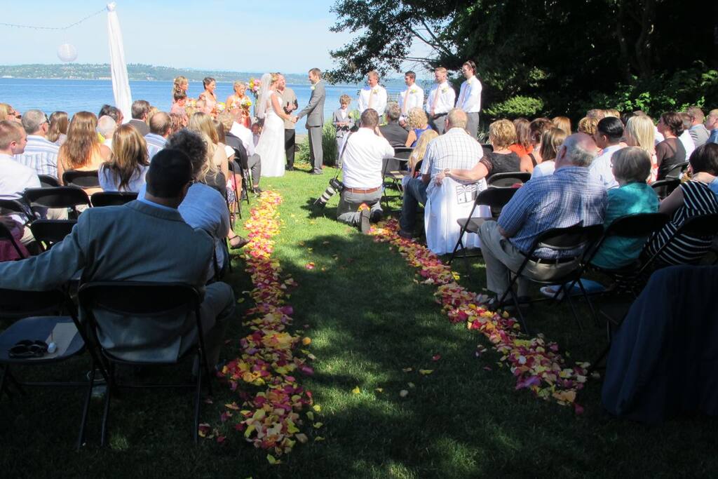 wedding on the grass with Puget sound backdrop