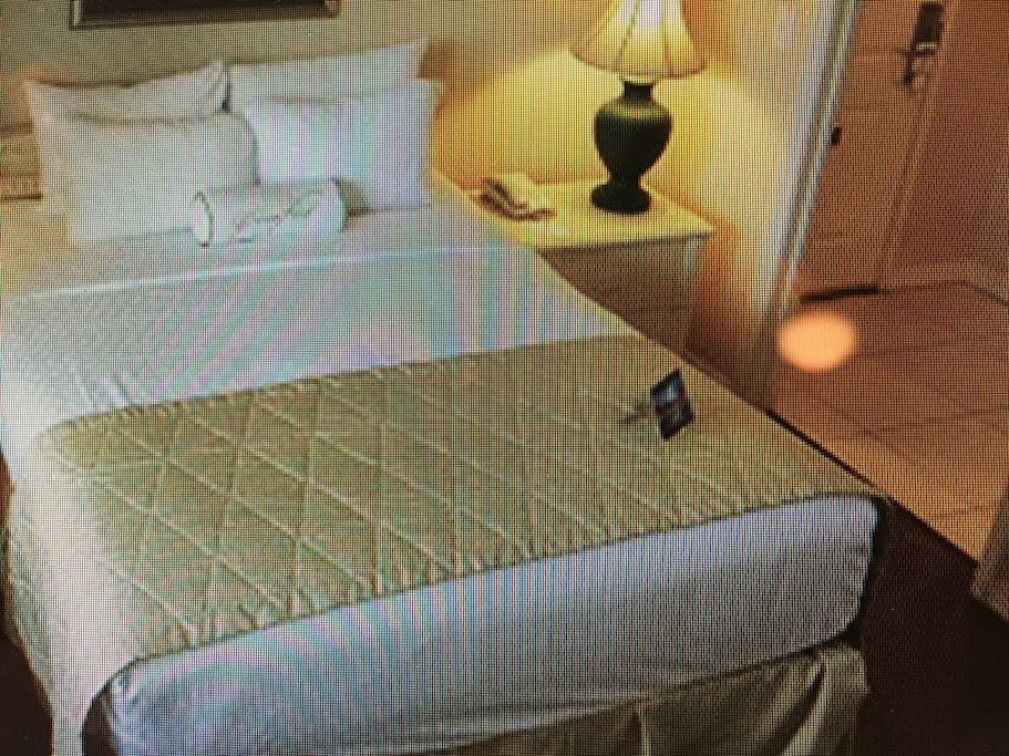 Queen bed in bedroom; Queen sleeper couch in living room.