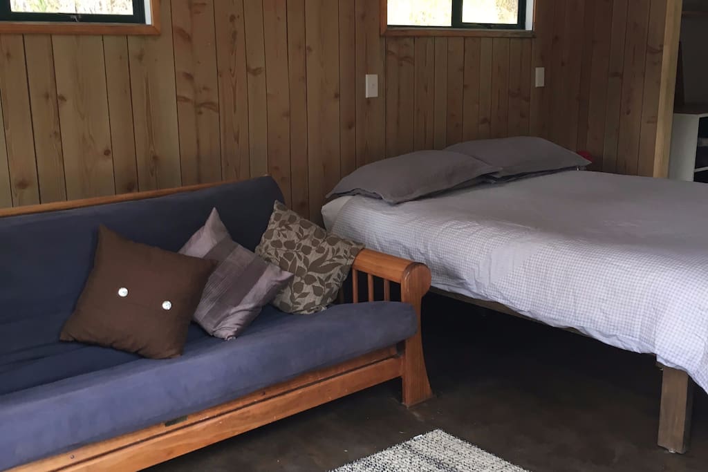Queen bed and double futon