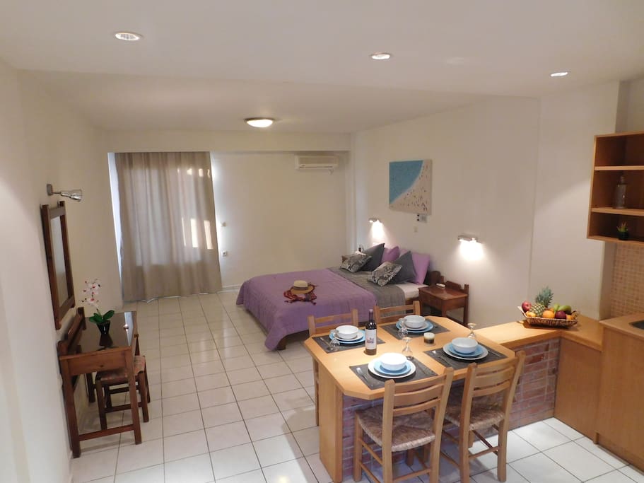 The room has Kitchen, kitchenette,mini-fridge, air-conditioner and a big balcony