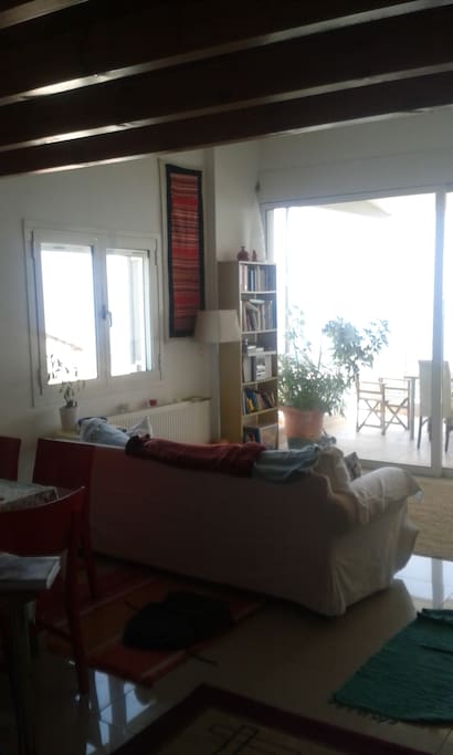 Open space living room with view of the sea. Sleep-able couch