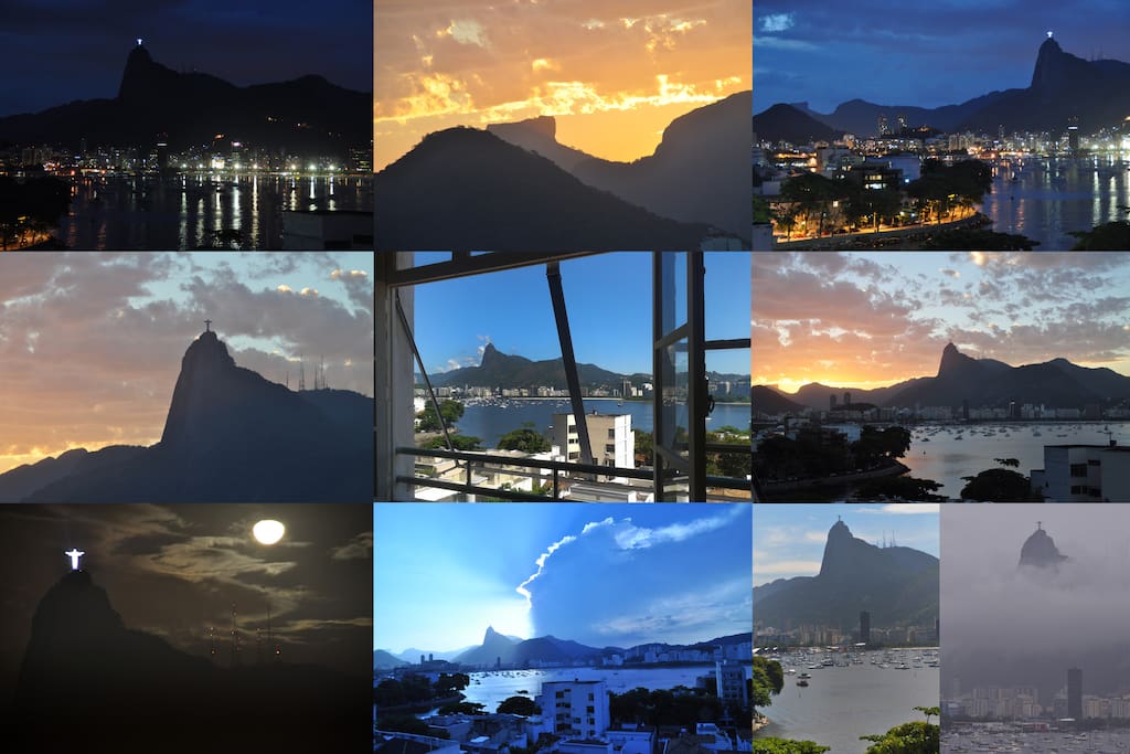 Fotos tiradas da janela da sala: a cidade inteira aos pés do apartamento, com o Cristo, 3 praias, a Pedra da Gávea, o aterro do Flamengo, as torres do Centro, a ponte Rio-Niterói e a baía da Guanabara escancarada em 180 graus nos janelões da sala e do q