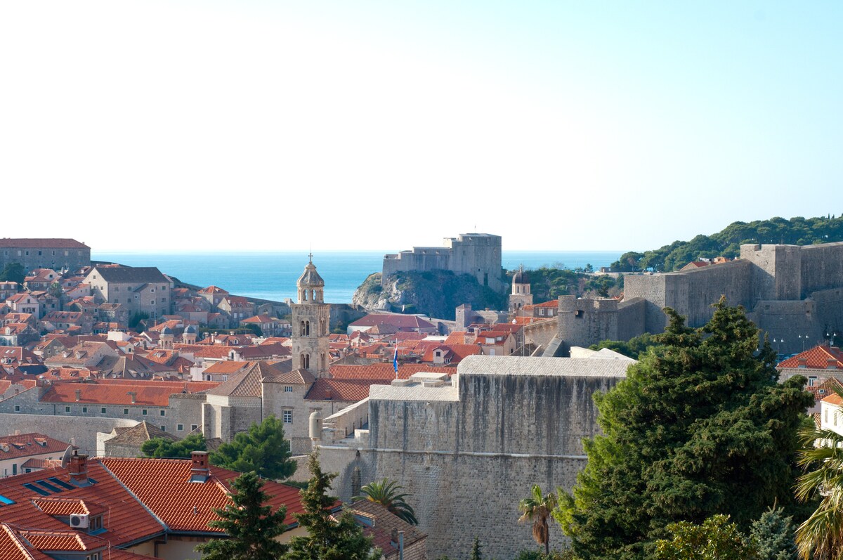 A panoramic view captures the coastal city with terracotta rooftops nestled between a historic fortress and greenery. The shimmering sea is visible in the distance, enhancing the scenic landscape. Notable structures include a tower and ancient walls, blending the natural beauty with architectural history.