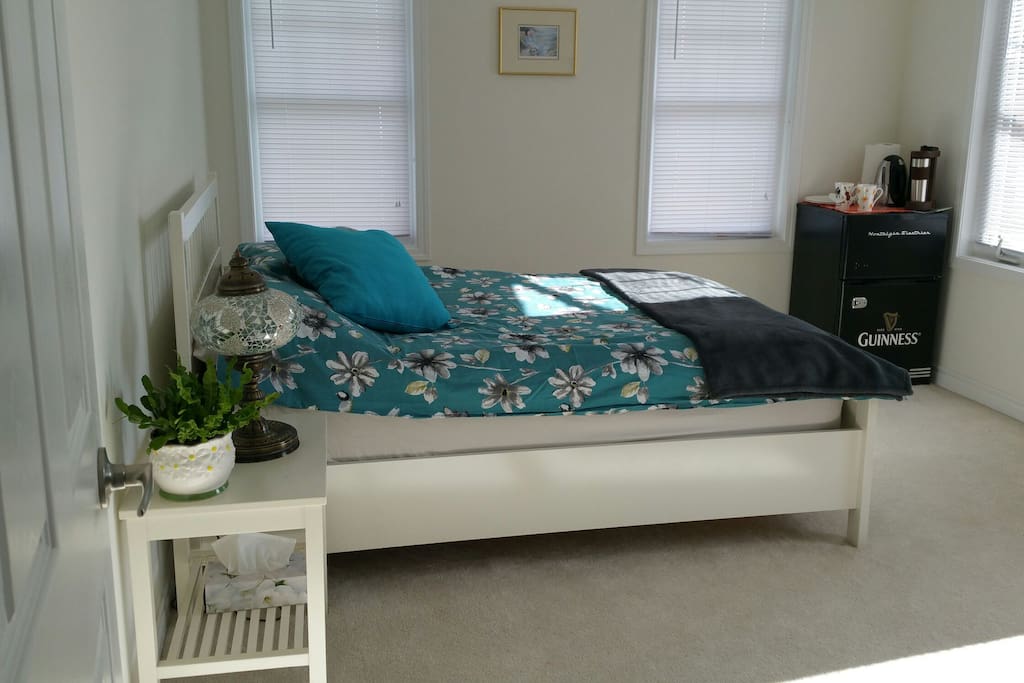 Double size bed, Mini fridge, coffee maker, and microwave..