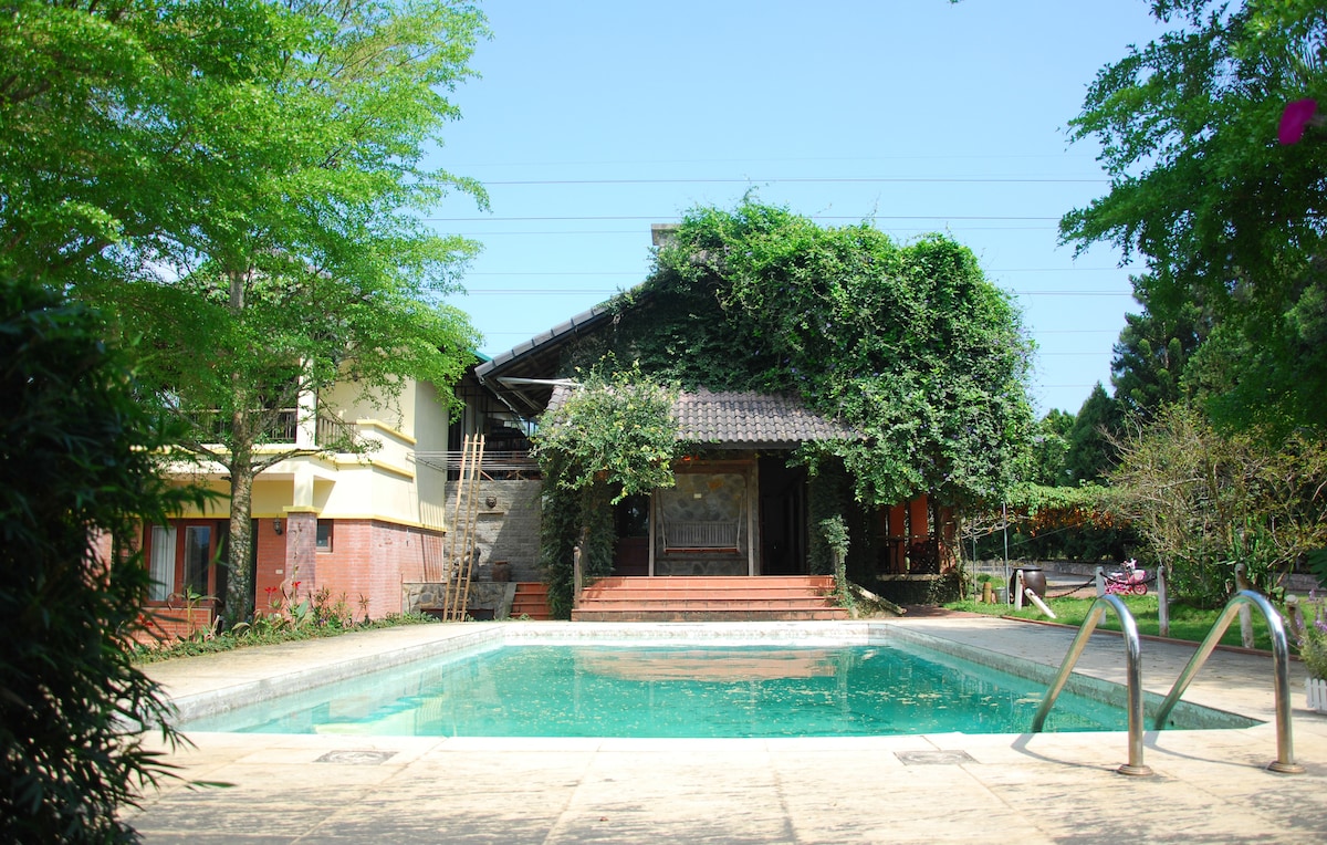 A large swimming pool is framed by lush greenery and a villa with a rustic facade. Steps lead from the pool area to the building, which features climbing vines along its exterior. Clear blue skies complement the tranquil outdoor space.