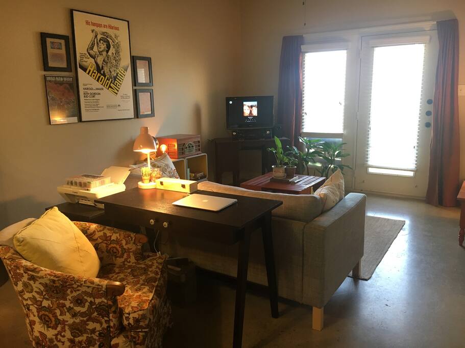 Desk and living room