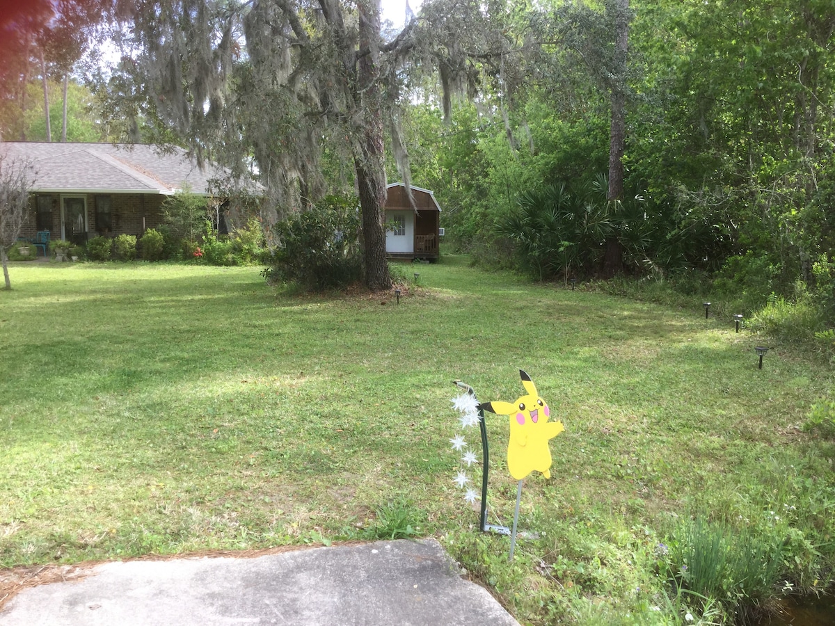 A grassy area is depicted with a cheerful yellow Pikachu figure positioned at the forefront. Lush greenery and trees are visible in the background, along with a home and a shed partially obscured by vegetation. A peaceful, natural setting is showcased.
