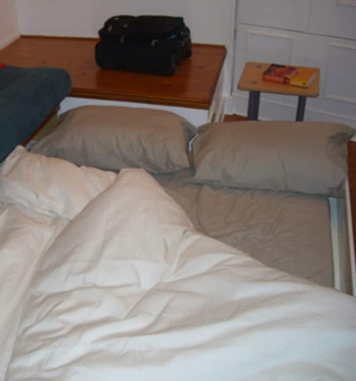 Კომფორტული ორადგილიანი საწოლი ადვილად სრიალებს დივნის ქვეშ. Თეთრეული და პირსახოცები უზრუნველყოფილია.