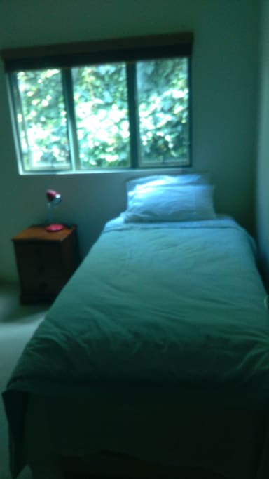 Single bed with quality mattress,side table,wardrobe ,table and chair.Avery close sample of room.