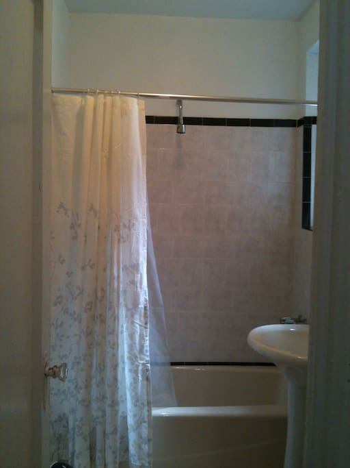 Big bathroom with a shower and a size tub for baths.