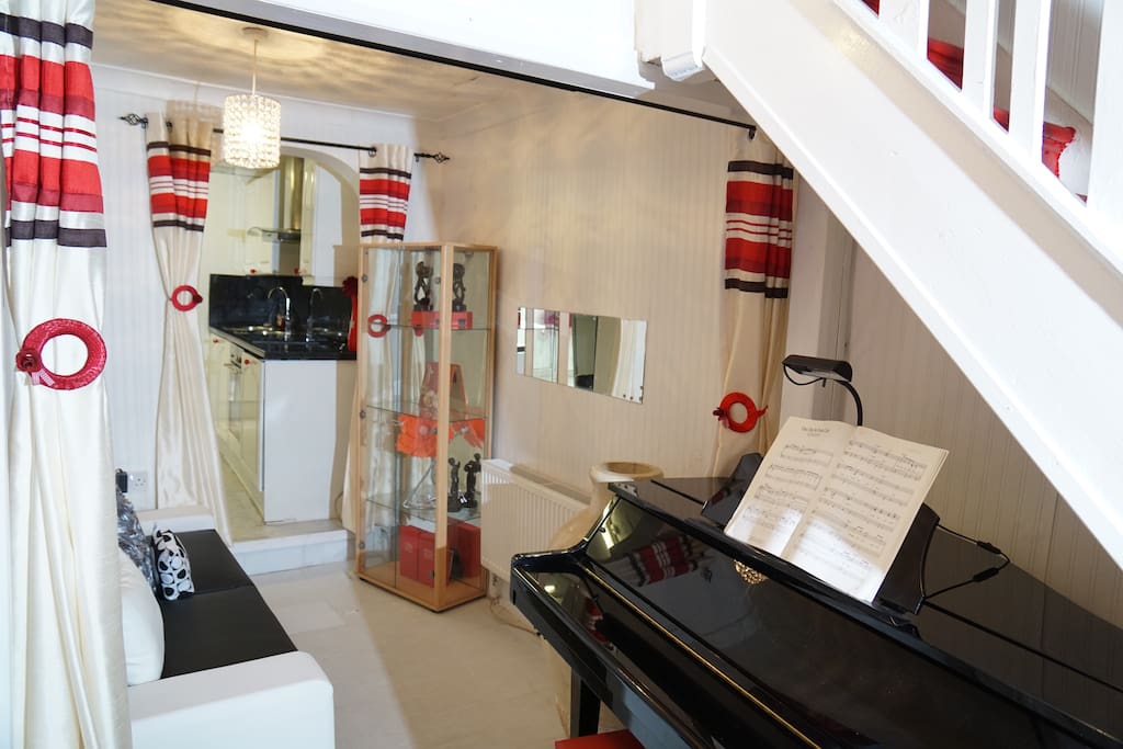 Lounge with electric grand piano & single sofa bed