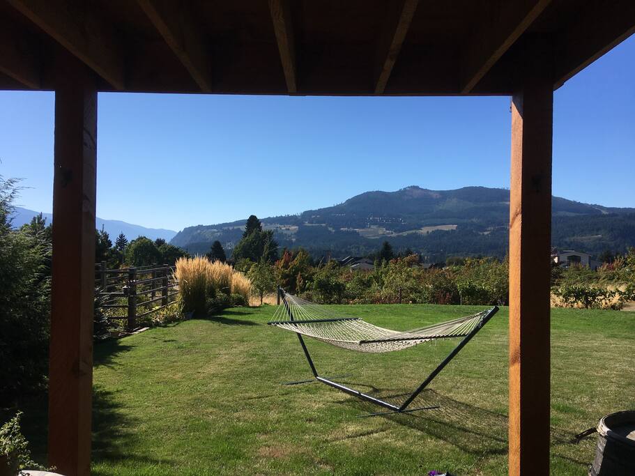 View from outside sitting area, Underwood Mountain and Gorge view towards Portland, Oregon.