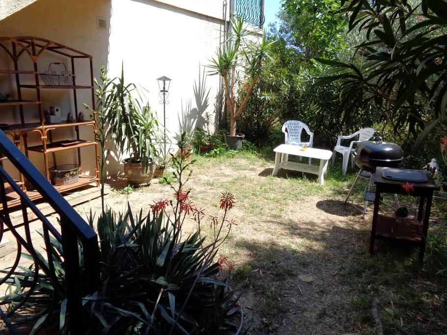 Le jardin privatif.
Située dans un quartier résidentiel de villas au pied du mont des roses à 3 km de la plage, la propriété n'est pas dans la campagne mais est arborée et bénéficie d'une végétation abondante.