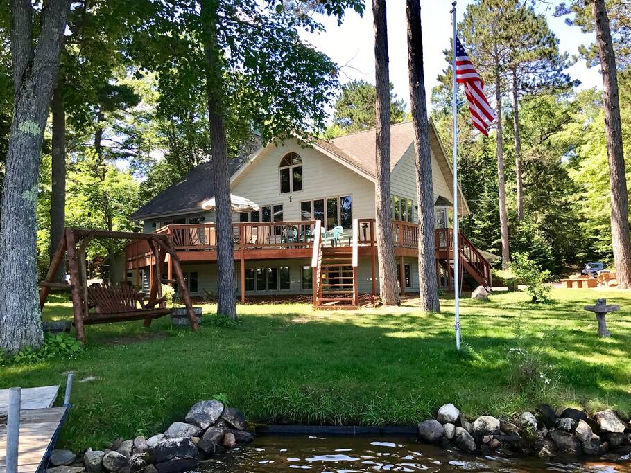 Spacious deck offers plenty of room for dining with great views of the lake.