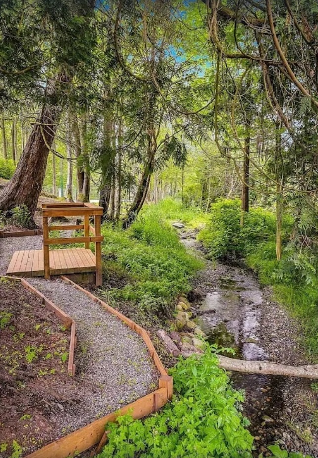 A wooden observation deck sits alongside a gently flowing creek, surrounded by lush green foliage and tall trees. A winding gravel path leads to the deck, which overlooks a serene natural landscape, integrating harmoniously with the tranquility of the surroundings.