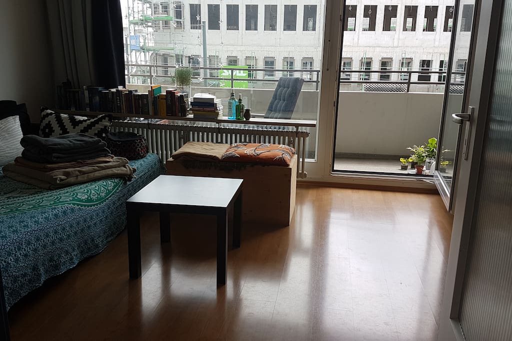 Wohn-/Schlafzimmer mit Glasfront und Zugang zum Balkon