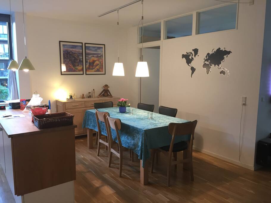 Dining room next to open kitchen