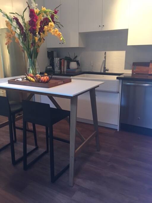 High end kitchen, stainless appliances, designer apron front sink with all the electrics, pots, pans, and everything else for great cooking!