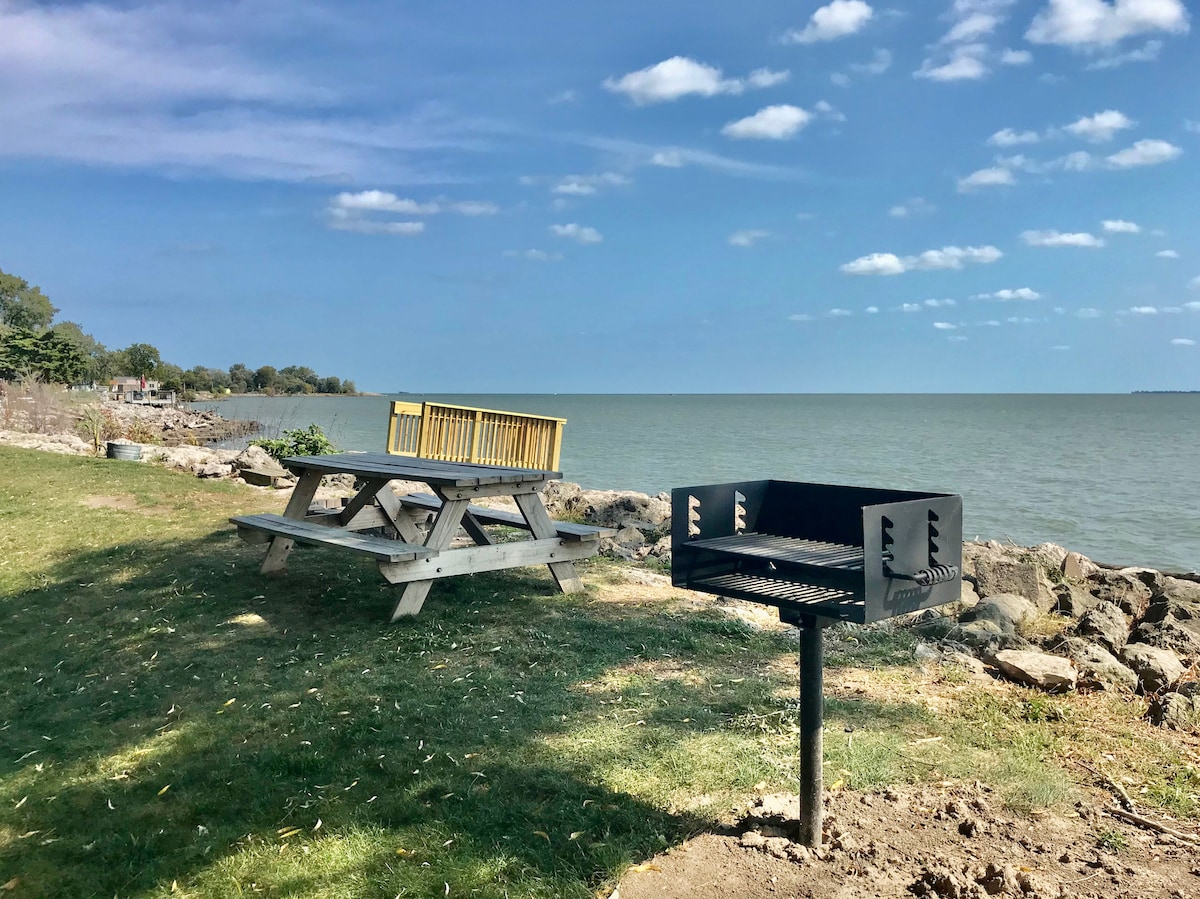A picnic table is positioned on a grassy area, overlooking the lake, with a charcoal grill nearby. The rocky shoreline and calm waters of the lake are visible, complemented by a clear blue sky dotted with a few clouds.
