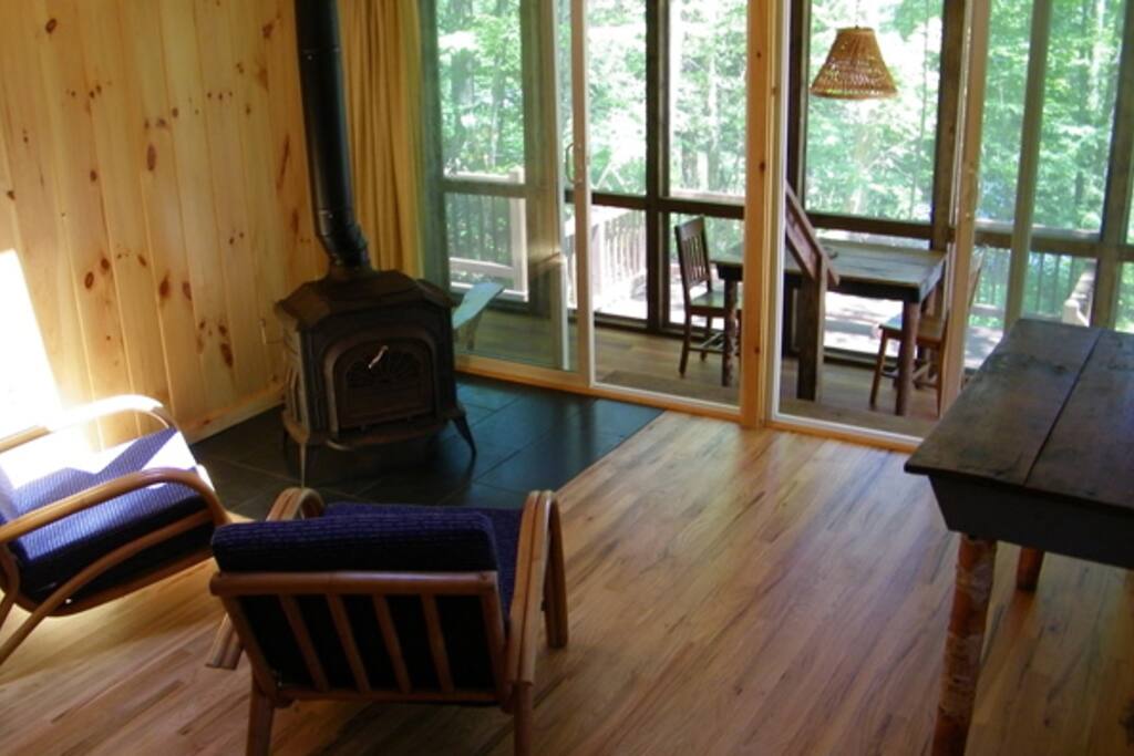 living room w/ Vermont Castings fireplace-type stove