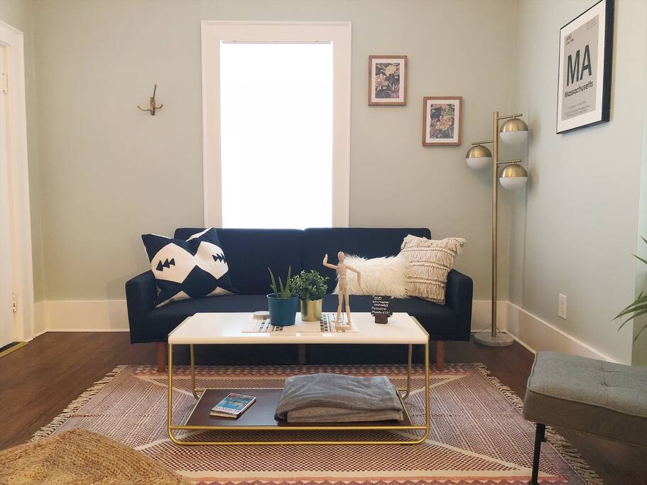Cozy living space with brand new furniture, textiles and accessories.