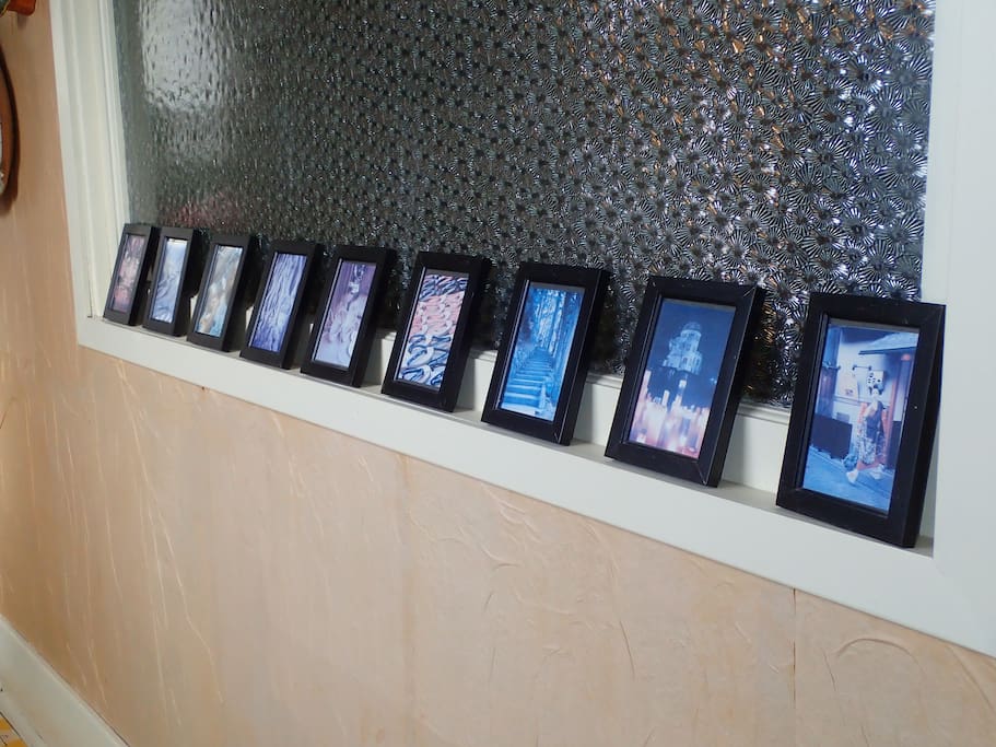 Japanese prints on antique glass window
