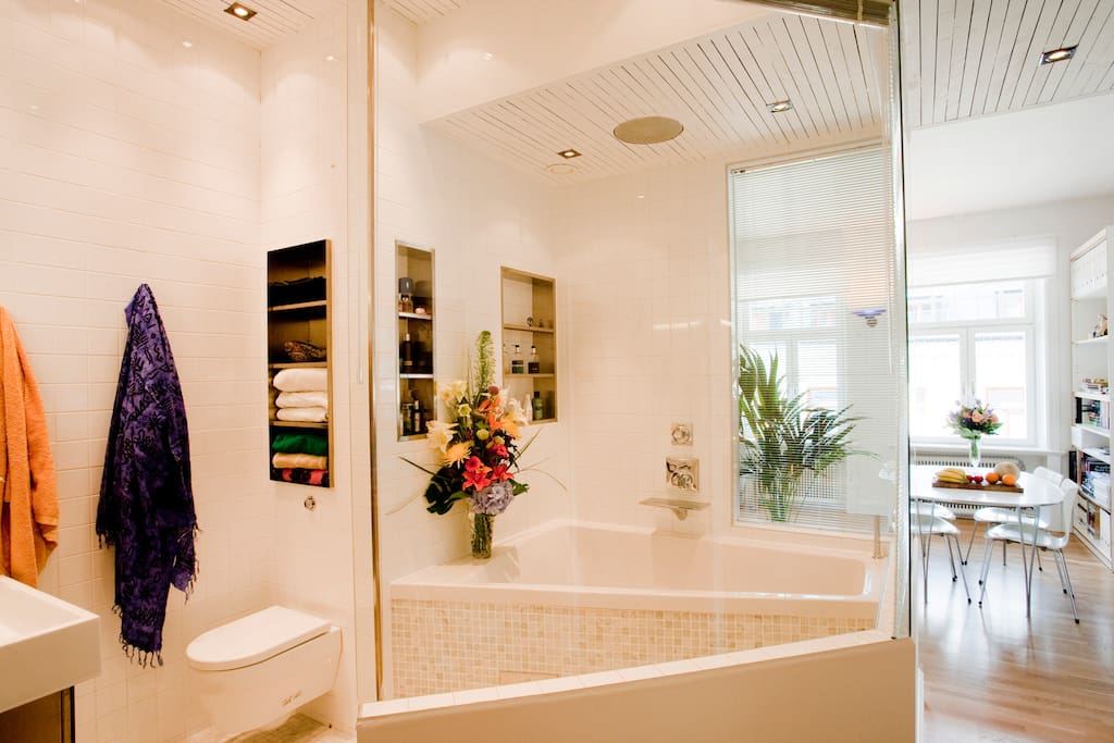 Designer bathroom with bathtub, roof shower head and it has venetian curtains for privacy in all the windows of the bathroom.