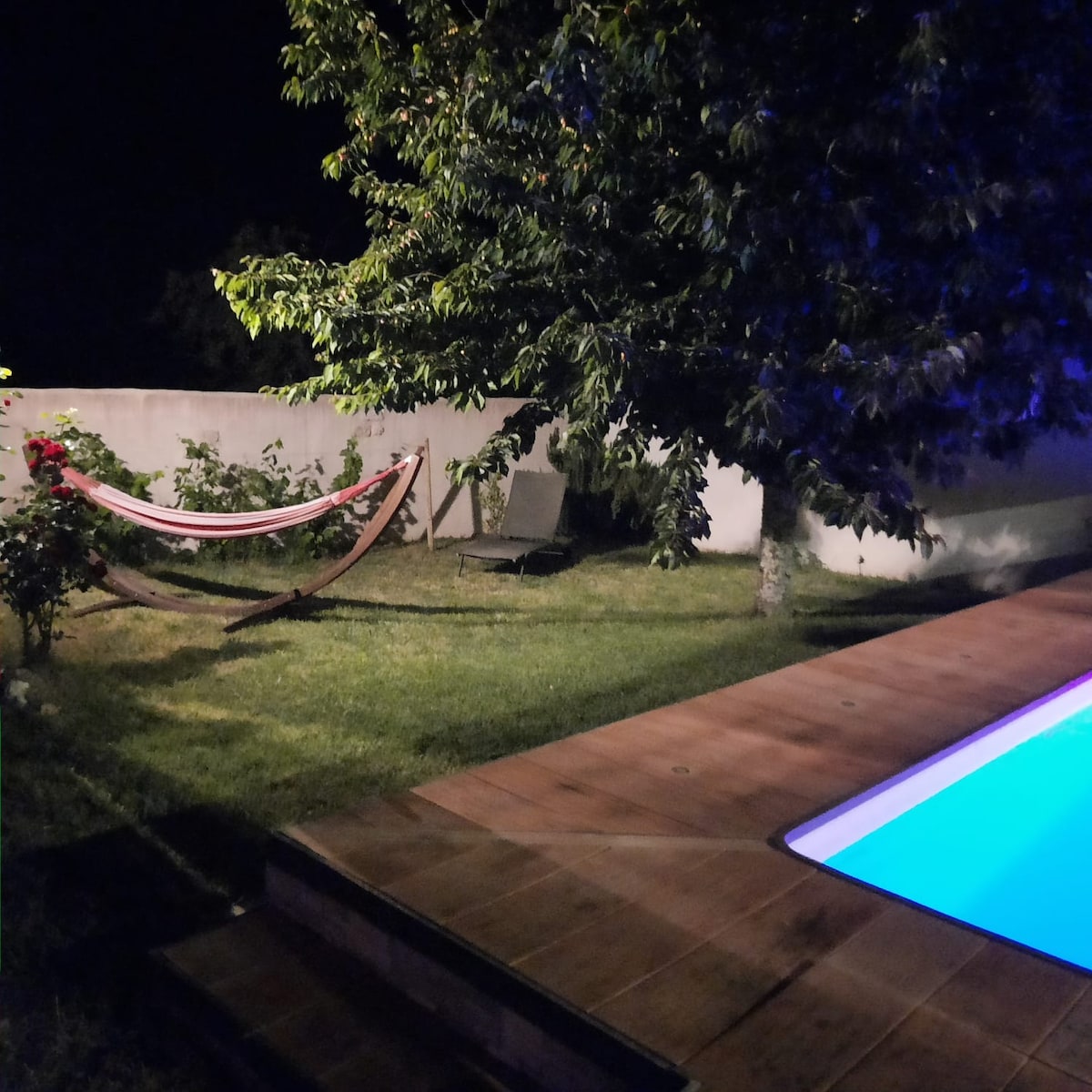 A nighttime scene features a swimming pool with illuminated blue water, surrounded by a neatly manicured lawn. A hammock is gently draped between two trees, alongside a single lounge chair. The area is enclosed by a low wall, providing privacy.
