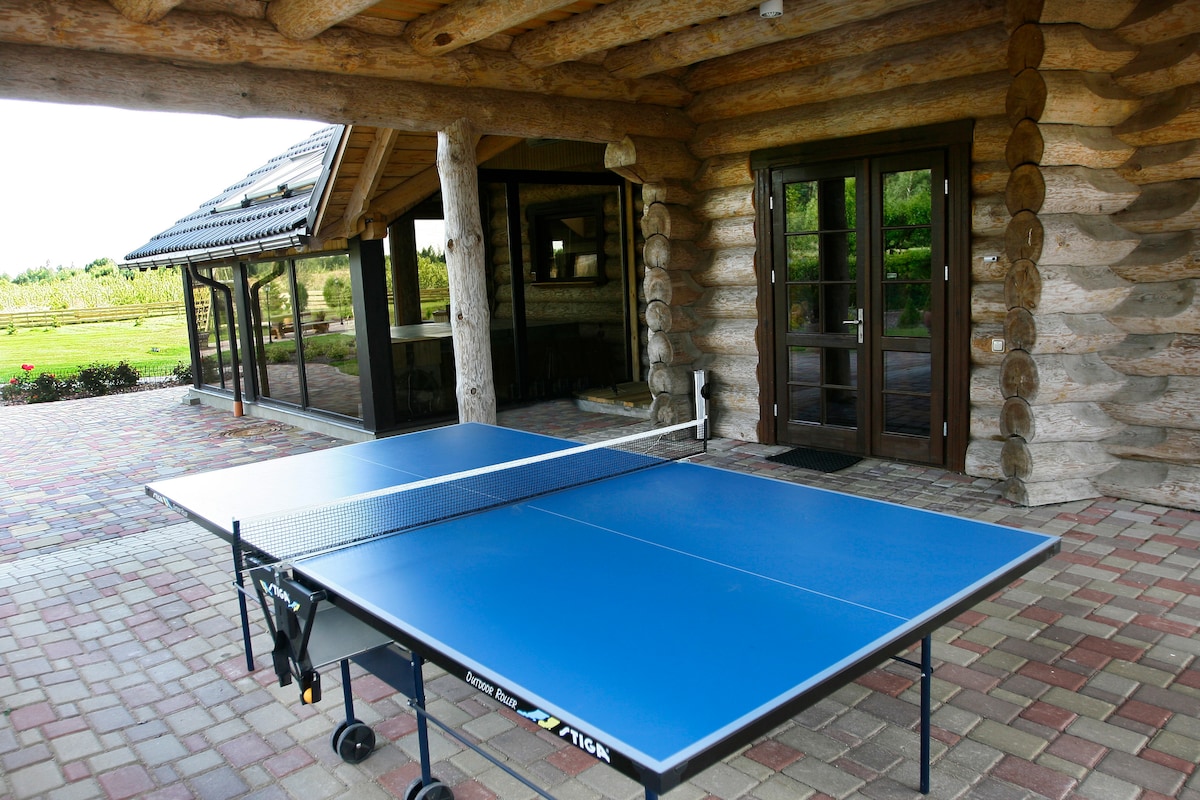 An outdoor area features a blue table tennis table, positioned on a paved surface. Wooden beams and a log exterior outline the nearby entrance, which leads to greenery beyond. The setting is well-lit, offering a spacious environment for recreation.
