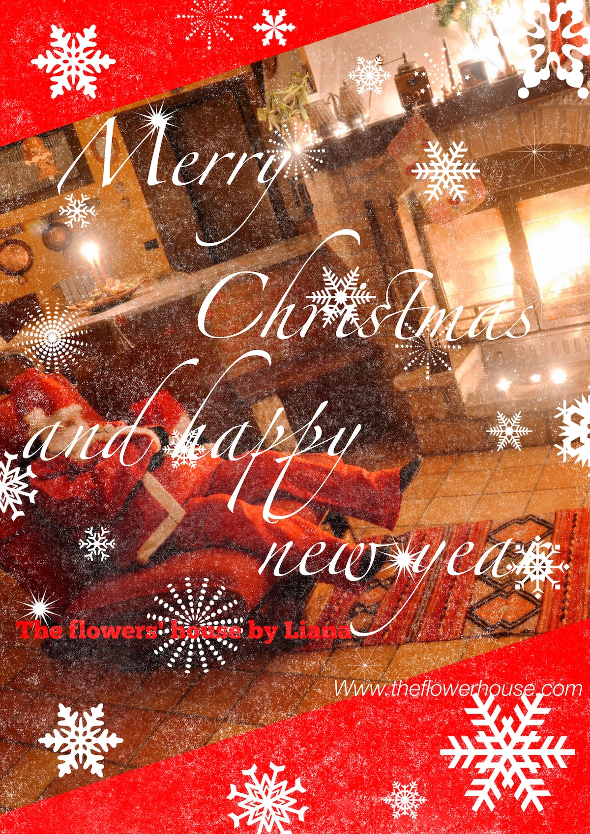 A cozy living area is depicted, featuring a festive setting with a decorated Christmas tree in the corner. A warm fireplace creates a welcoming glow, surrounded by rustic furnishings. Snowflakes and seasonal text overlay the image, emphasizing a holiday atmosphere.