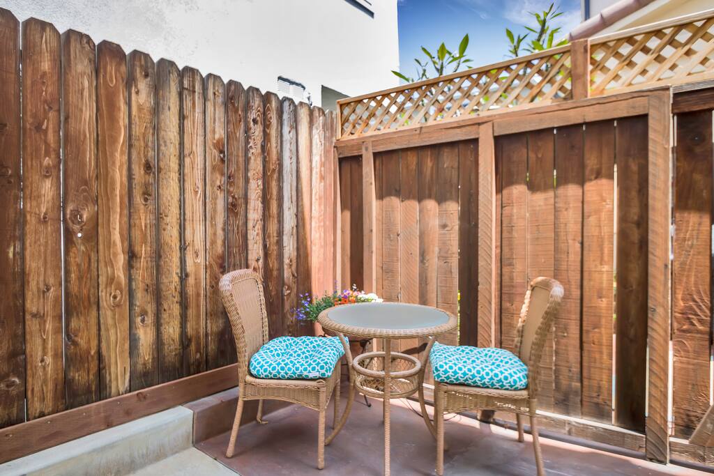 Bistro seating at front entrance.