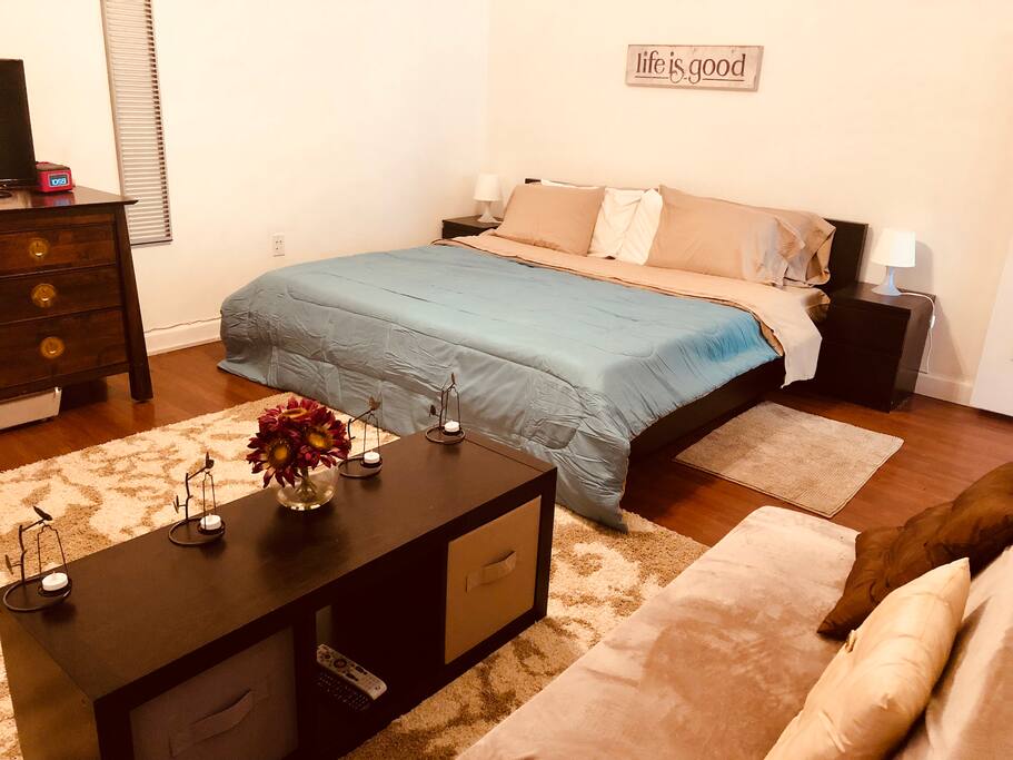Bed and living room view