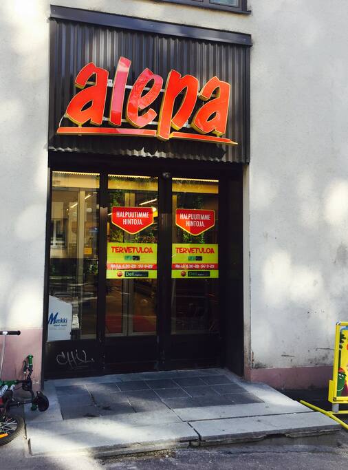 The nearest grocery shop is down stairs.