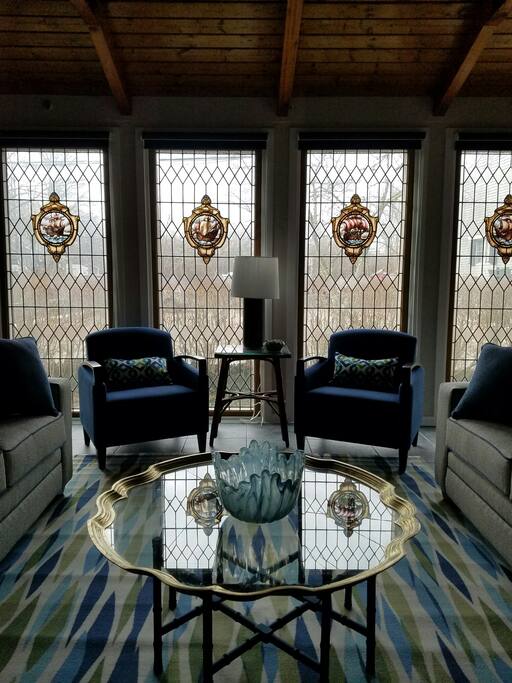 Living Room with stained glass windows