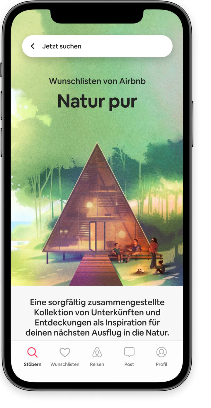 Startbildschirm, auf dem die Wunschlisten-Kollektion „Natur pur“ in der Airbnb-App angezeigt wird