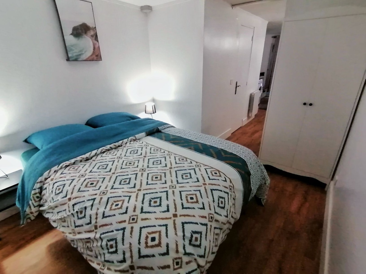 A cozy sleeping area is present, featuring a spacious bed covered with a patterned blanket. Soft blue pillows complement the bedding. A bedside lamp is positioned on each side of the bed, and a light-colored wardrobe provides additional storage.