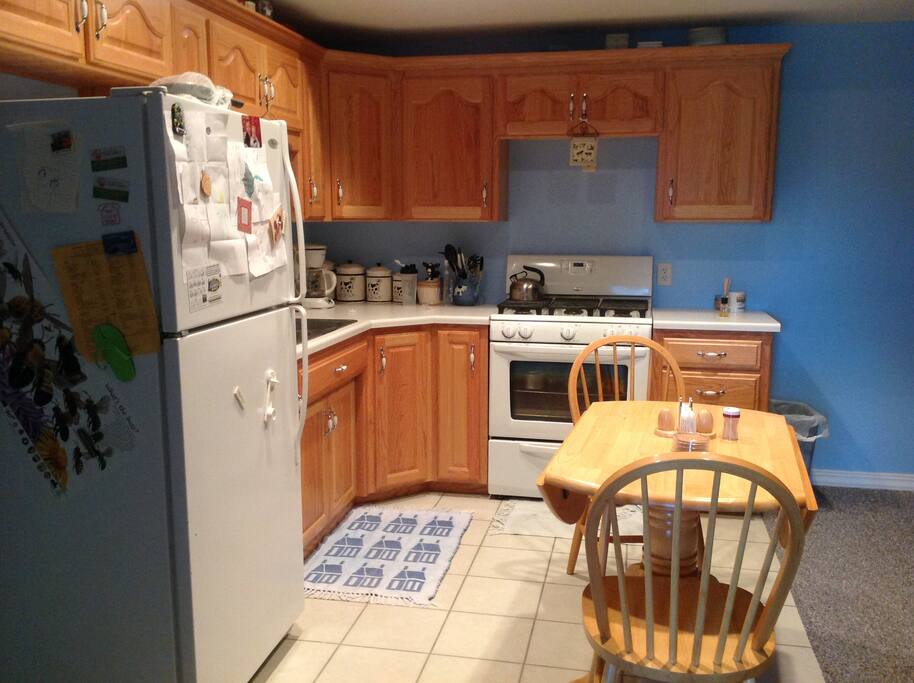 Kitchen that is shared by both guest rooms.