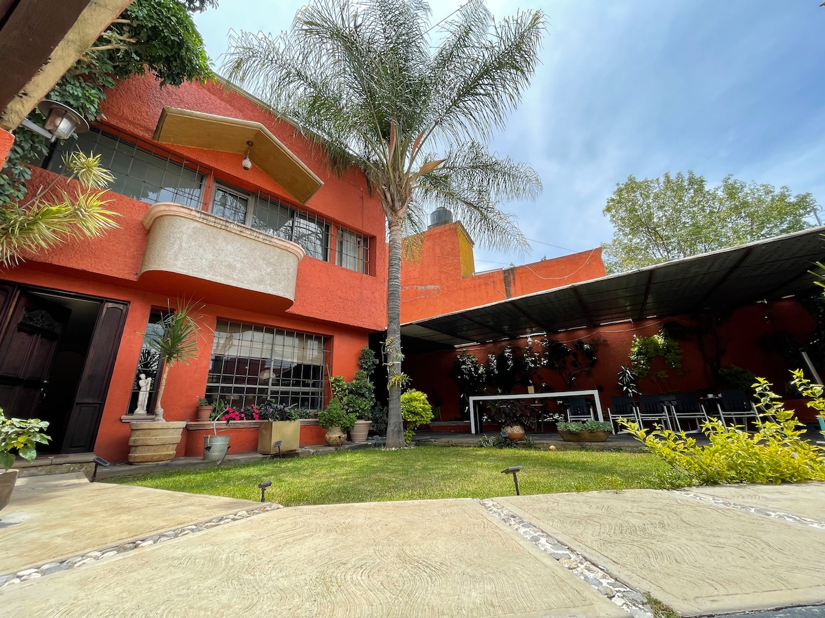 A vibrant courtyard features a striking orange exterior with lush greenery, including tall palm trees and assorted plants in decorative pots. A spacious covered terrace is visible, providing seating areas and a tranquil space for relaxation.