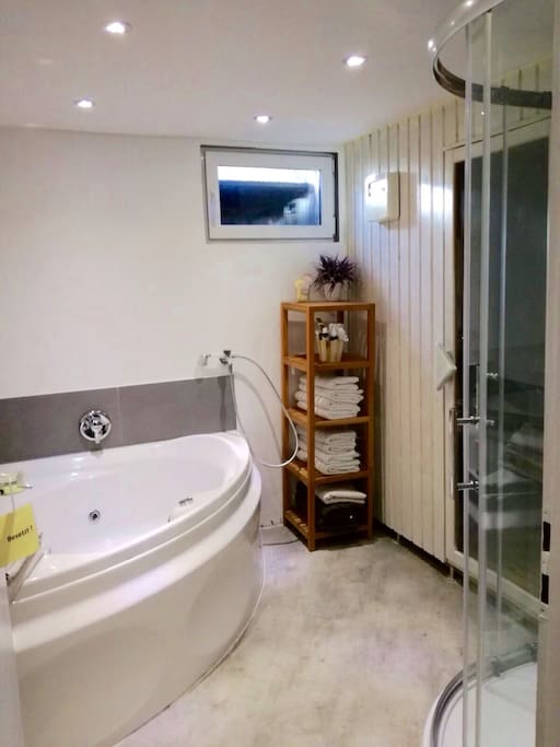 Badezimmer mit Whirlpoolwanne und Sauna